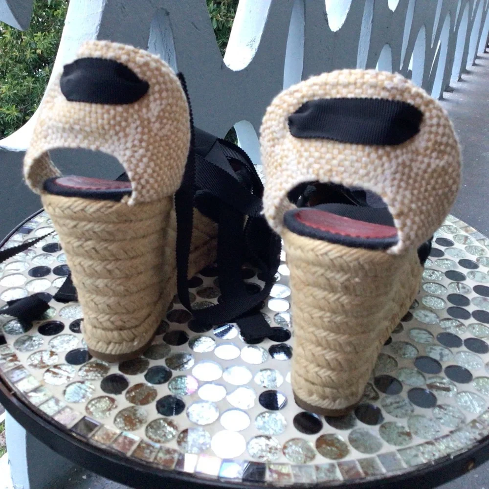 Christian Louboutin Black and Navy Espadrille Wedge Ankle Wrap Ribbon Sandals
